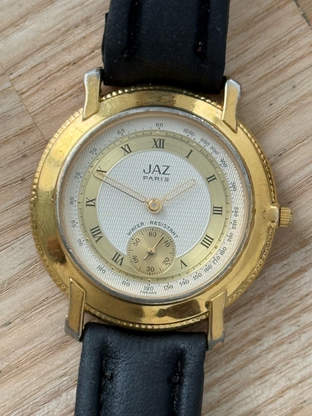 JAZ Paris Rare Vintage Watch Gold Case White and Gold Dial Leather Strap